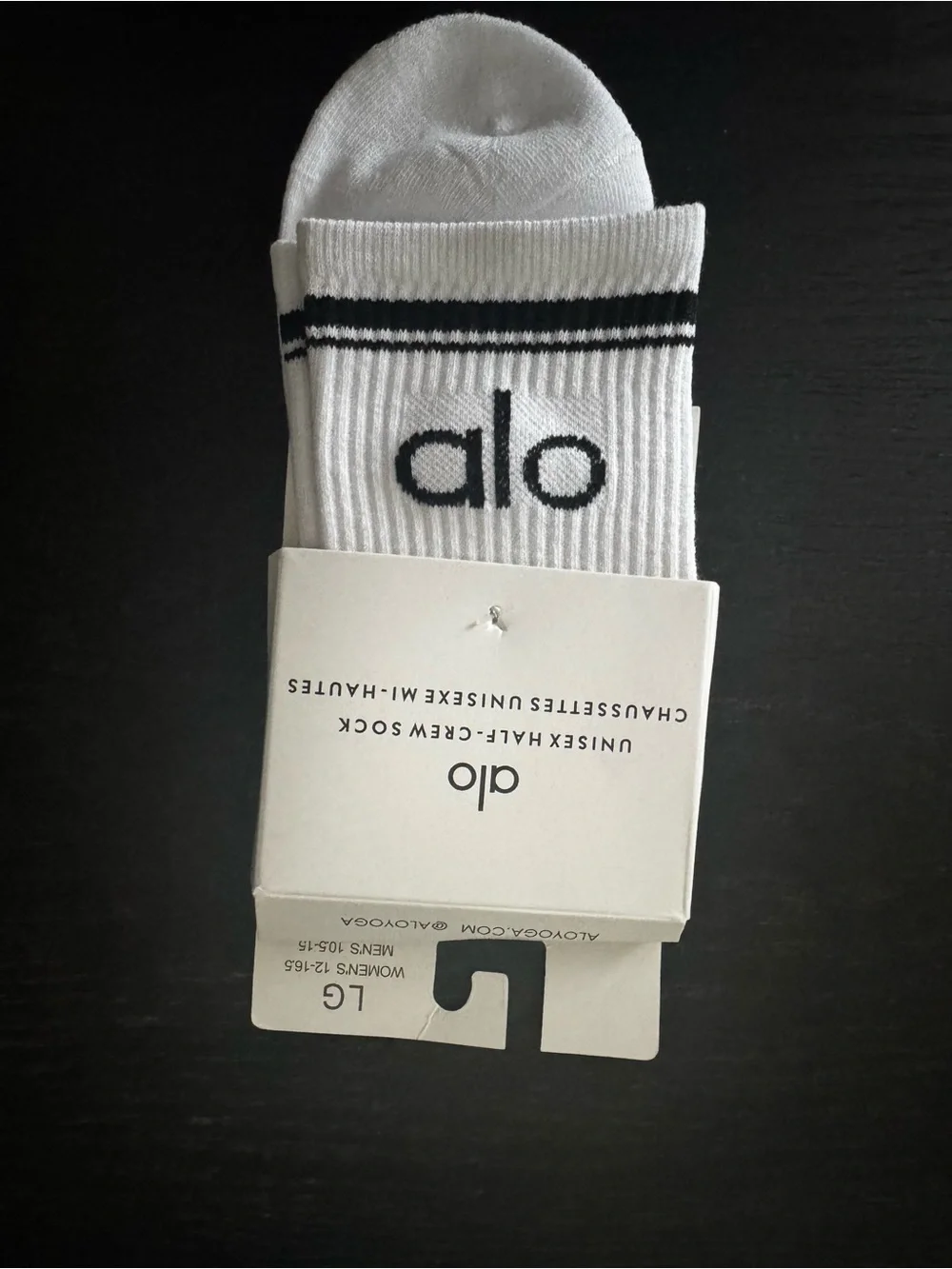 ALO Yoga White Crew Socks with Black Stripes and Logo